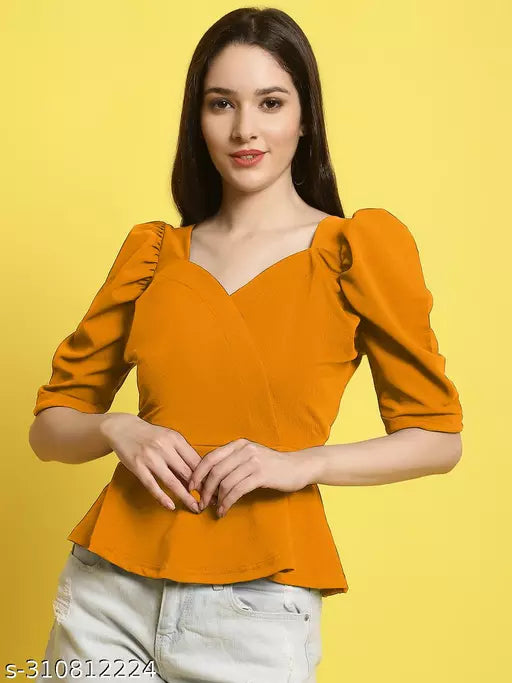 Sweetheart Neck Puff Sleeves Peplum Top (Women Top | Women Tops | Top)