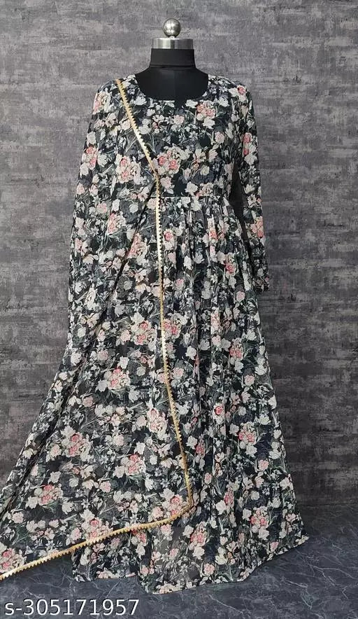 QVAZOR Stylish Fancy Trendy Printed Georgette Gown For Women For Party Wedding Festival Functions