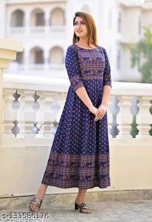 Charvi Maroon Premium Rayon Printed Blue  Women Gown