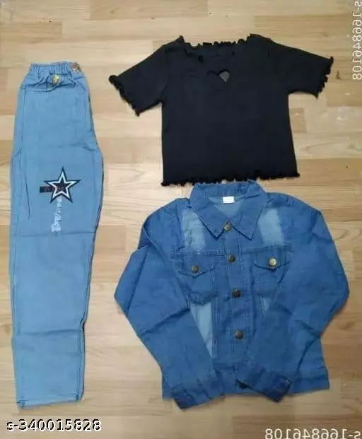 JKP COLLECTIONSSTYLISH 3 PCE COMBO BLACK HEART + LIGHT BLUE JAKAET  LIGHT BLUE JOGGER BEAUTIFUL  Top Lenth 17 Bottom 37  Jacket 20 Bottom Fabric Denim  Top Cotton Lycra