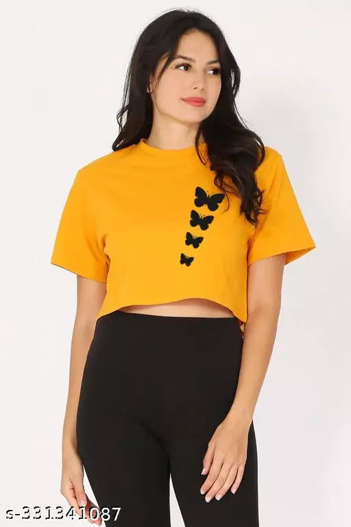 Trendy Feminine Printed Crop Tshirt Round Neck Top For Womens
