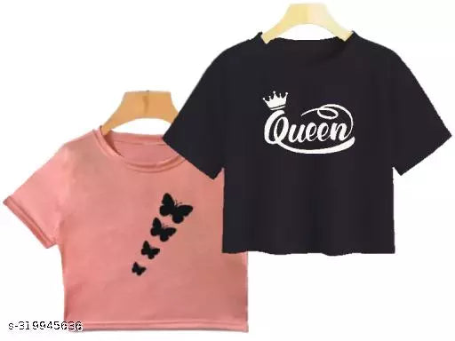 Trendy Feminine Printed Crop Tshirt Round Neck Top For Womens (Combo2)