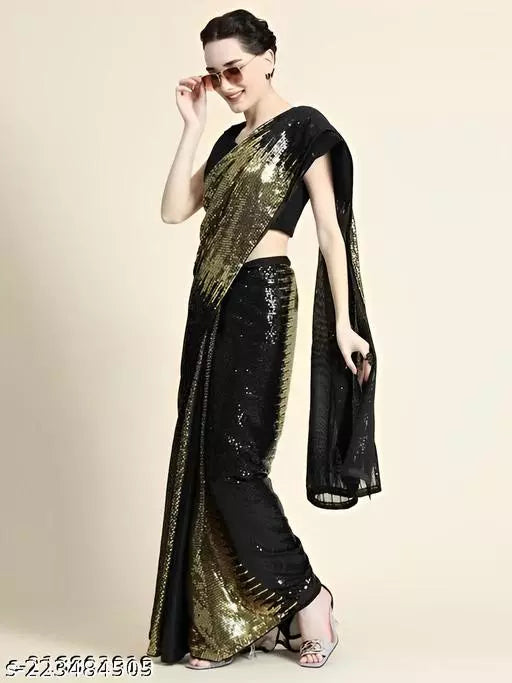 NEW LAUNCHING SUPER HIT YELLOW DESIGNER SEQUANCE Georgette  SAREES BY KRADDLE