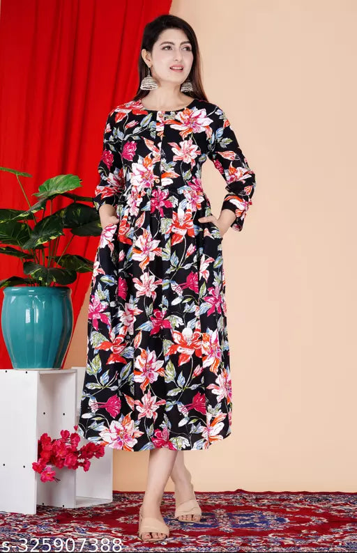 Shree Ganesh fashion's Rayon Anarkali Printed Black  Kurti for women
