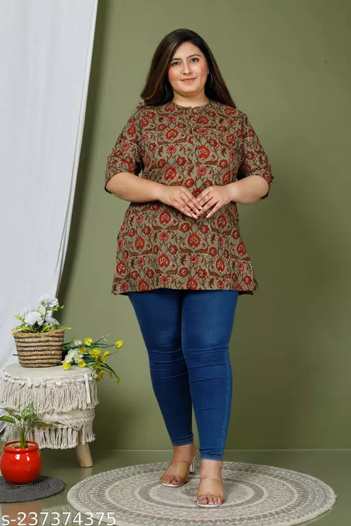 Plus Size-  Women Printed Pure Cotton  Short Kurti  (Rust)