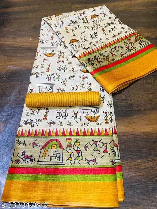 WARLI PRINTED KHADI SILK BLENDED LIGHT WEIGHT COMFERTABLE WEAR DESIGNER SAREE WITH BLOUSE