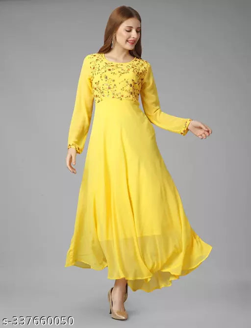Exquisite Georgette Long Dress - Elegant Party Wear yellow Gown for Women and Ladies