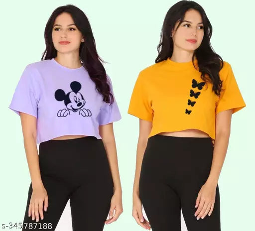 Trendy Feminine Printed Crop Tshirt Round Neck Top For Womens