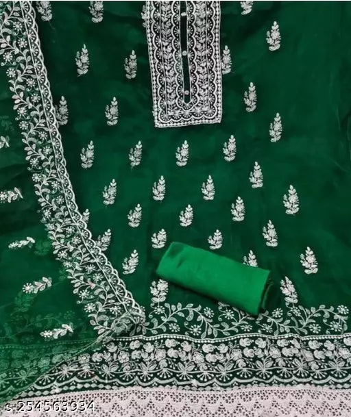 WOMEN'S FLORAL GREEN COLOUR NEW ARRIVAL ORGANZA SUIT WITH EMBROIDERED DOUBLE  MULTI WORK DRESS MATERIAL SUIT