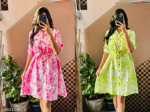 JKP COLLECTION  Women's & Girls's Stylish Rayon Collared Shirt Flared Mini Dress with Waist Belt  Pack Of 2 Neon  Pink