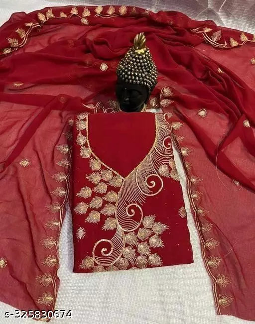 Womens Beautifull Unstiched Heavy Mirror Zari Embroidered Fancy Georgette Lovely Work Suits & Dress Materials