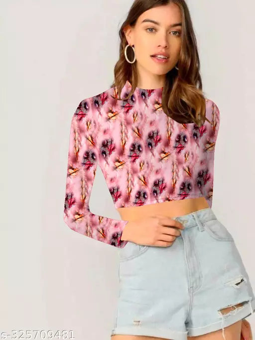 Western Printed Round Neck Crop Top