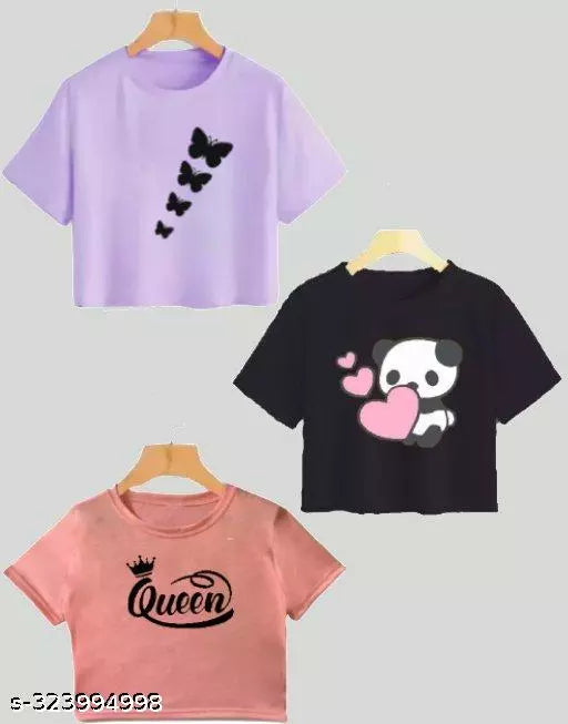Trendy Feminine Printed Crop Tshirt Round Neck Top For Womens (Combo 3)