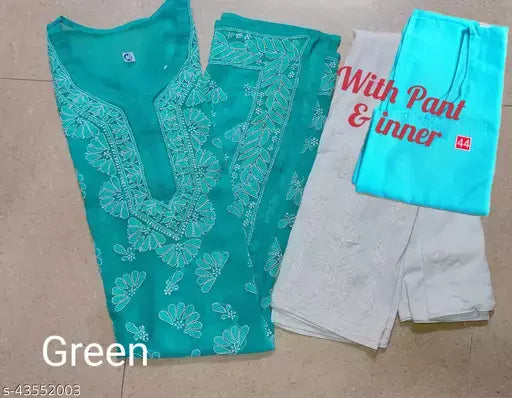 Handwork Chikankari Butterfly Chiffon kurti set+pant+inner