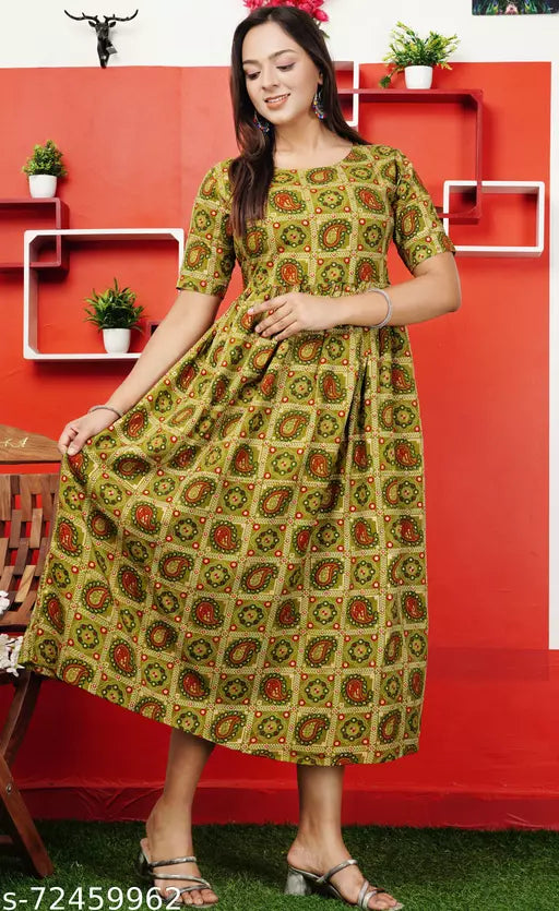 Charvi Fashionable Gold Printed Peach Rayon Flared Dresses