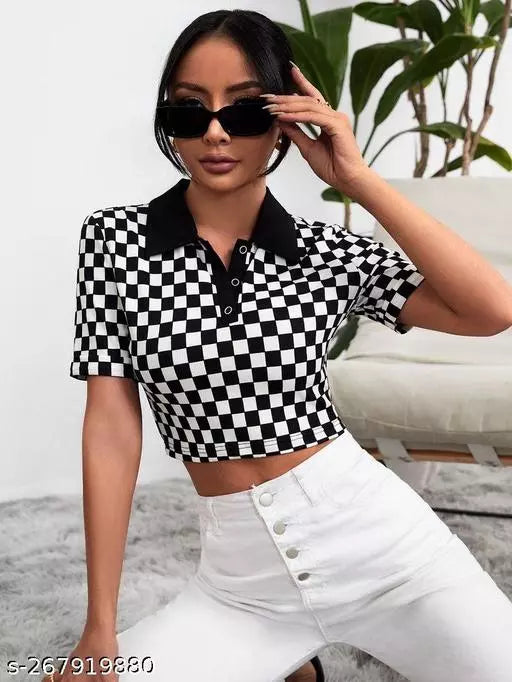 Trendy Half Sleeves Checked Black And White Collared Crop Top Crop T-shirt For Women