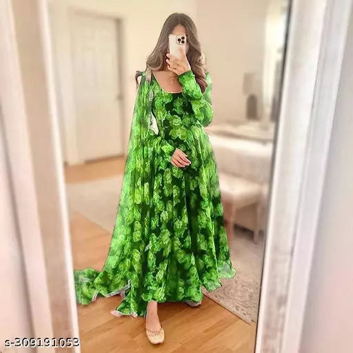 QVAZOR Stylish Fancy Trendy Printed Georgette Gown For Women For Party Wedding Festival Functions