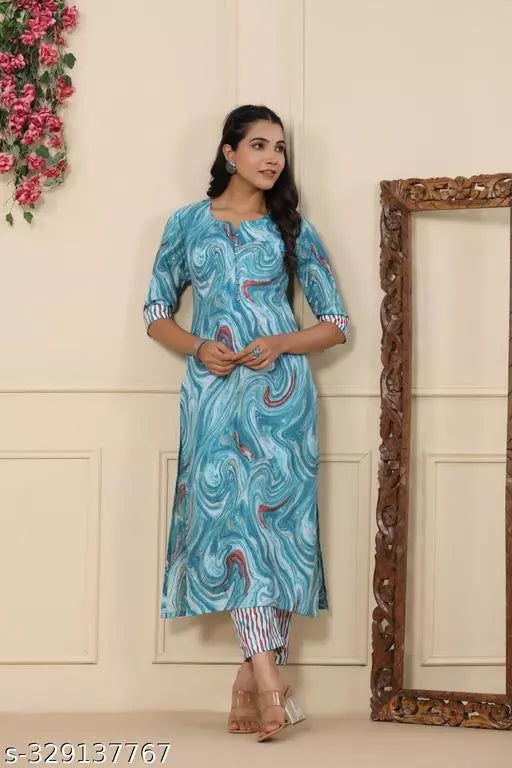 Anni Designer Women's Cotton Blend Blue Ethnic Motifs Printed Kurta with Trouser