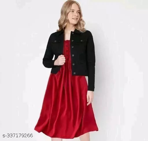 JKP COLLECTIONS Womens & Girls Long Dress With Denim Jacket Bottam Wear Combo Set Dress Fabric Crape Color Red&Black
