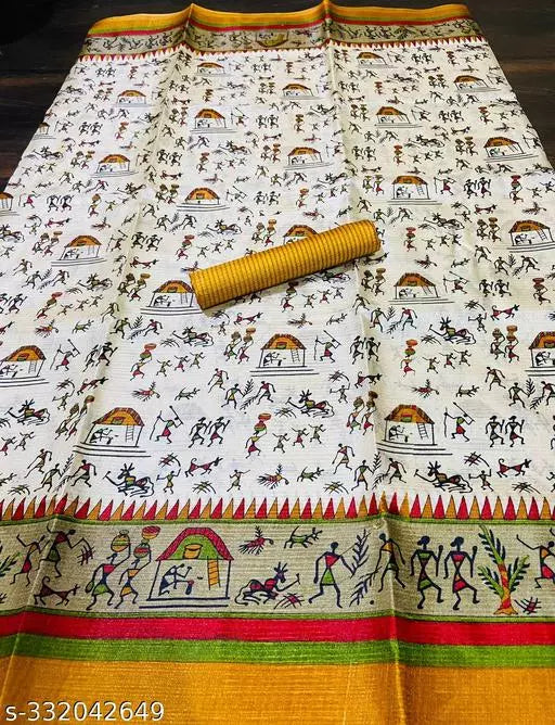 WARLI PRINTED KHADI SILK BLENDED LIGHT WEIGHT COMFERTABLE WEAR DESIGNER SAREE WITH BLOUSE