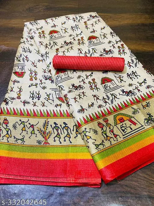 WARLI PRINTED KHADI SILK BLENDED LIGHT WEIGHT COMFERTABLE WEAR DESIGNER SAREE WITH BLOUSE