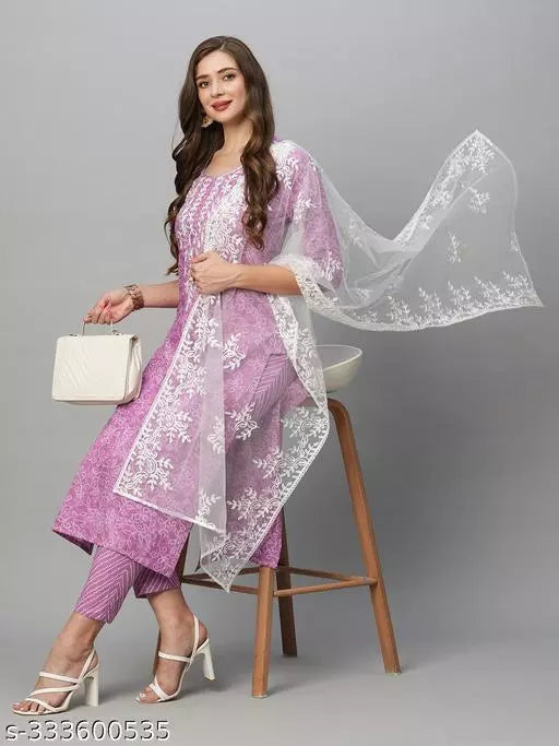 Anni Designer Women's Purple Cotton Blend Straight Embroidered Kurta With Trousers & Dupatta