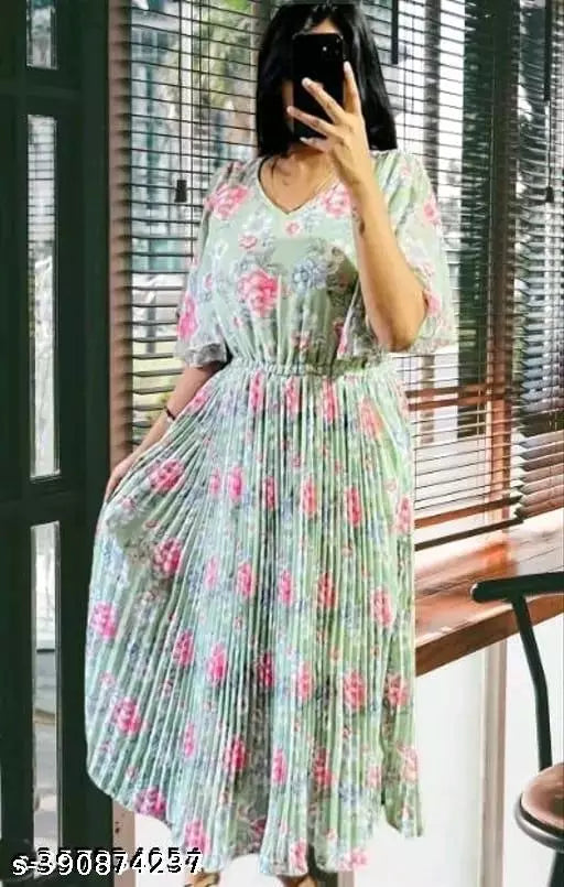 JKP COLLECTION Women & Girl Georgette Fabric  Pattern Floral Printed  Fit & Flared  V Neck  Short Sleeve Dresses In Colour Green