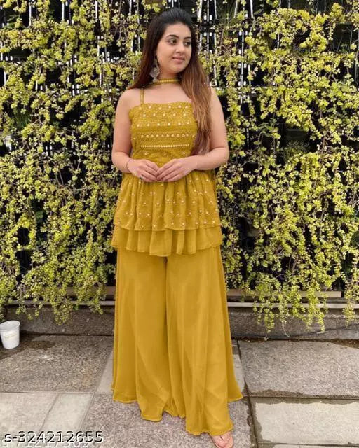 Yellow Georgette Off-Shoulder Gown/ Kurta Set with Embroidered Sequences with Palazzo and Dupatta: A Fusion of Traditional Elegance and Modern Style for Summer Weddings and Parties