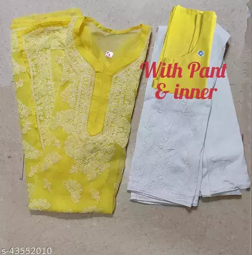 Handwork Chikankari Butterfly Chiffon kurti set+pant+inner