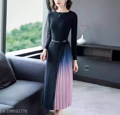 Jkp Collections Womens & Girls Long Dress With Belt Casual Wear Solid & Full Sleeve Dress Fabric Lycra In Color Multicolor