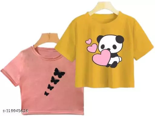 Trendy Feminine Printed Crop Tshirt Round Neck Top For Womens (Combo2)