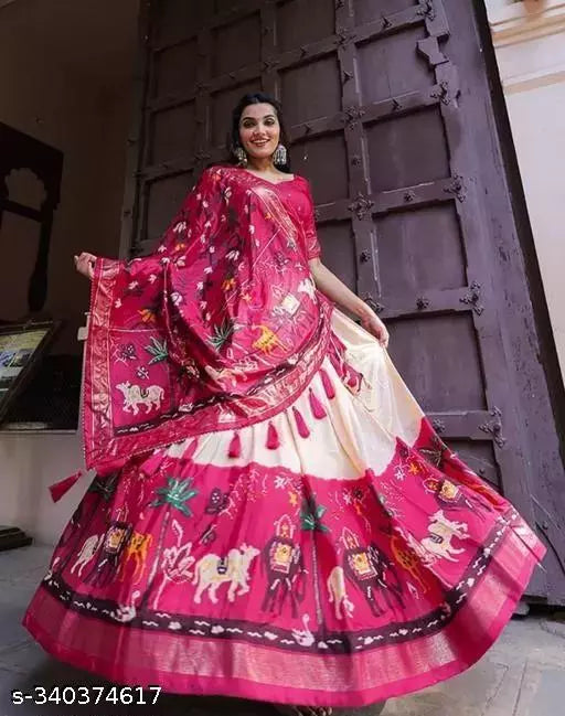 Elegant Pink and Cream Pink Printed Lehenga Choli with Dupatta - Foil Print & Gotta Patti Patola - Part of Gujarati Collection - Ethnic Attire