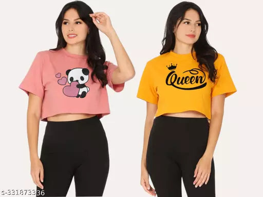 Trendy Feminine Printed Crop Tshirt Round Neck Top For Womens(Pack Of 2)