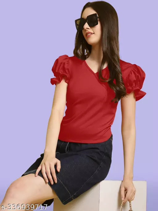 Women Red Solid Puff Sleeve Wrap Top (Women Top | Women Tops | Top)