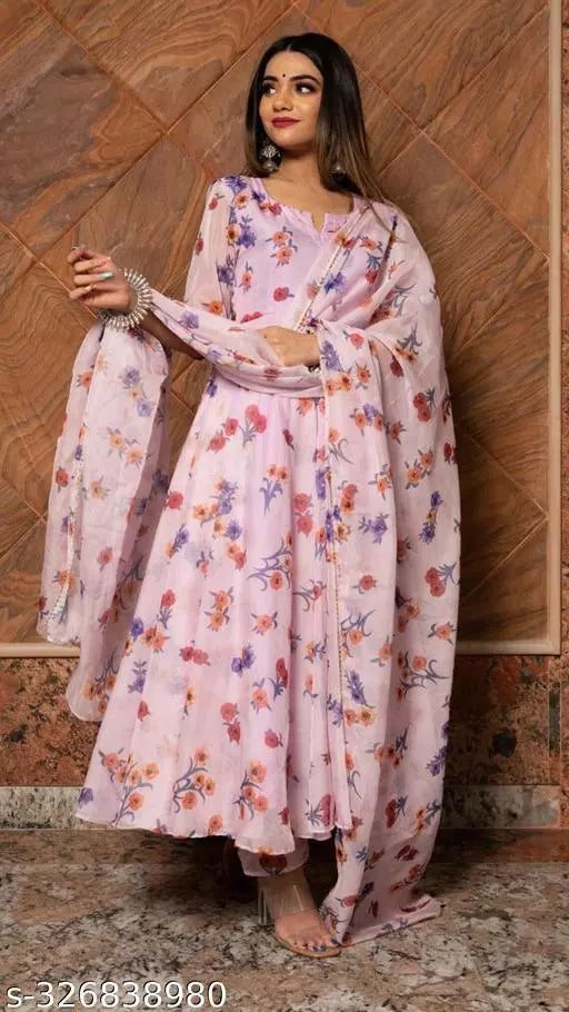 WOMEN ORGANZA LONG GOWN WITH LACE BORDER DUPTTA
