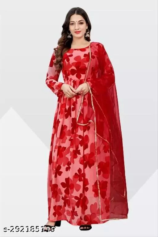 QVAZOR Stylish Fancy Trendy Printed Georgette Gown For Women For Party Wedding Festival Functions