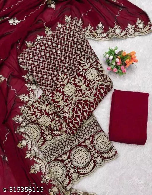 Women's Bollywood Style Maroon Fancy Unstiched Patiala Embroidered Work Plus Double Layer Multiwork Sequence Work Georgette Salwar Suit & Dress Materials