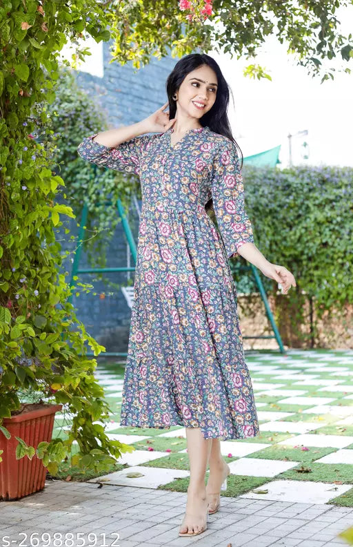Shree fashion's Cotton Anarkali Printed Sky Blue  Kurtis for women