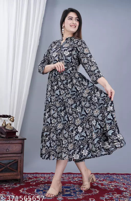 Women Printed Viscose Rayon Anarkali Kurta Black