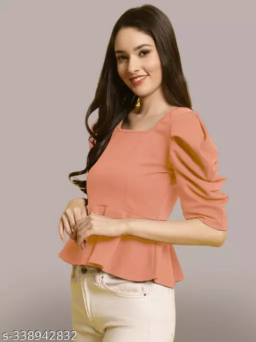 Women Square Neck Puff Sleeves Peplum Top (Women Top | Women Tops | Top)