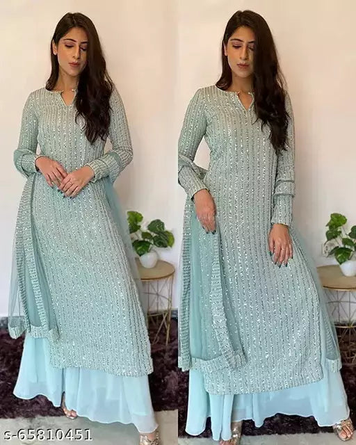 Women's Aqua Blue Embellished Embroidered Georgette Suits & Dress Materials