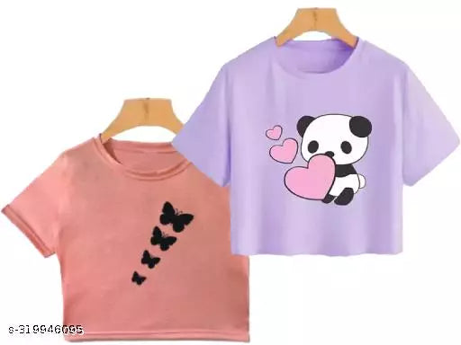 Trendy Feminine Printed Crop Tshirt Round Neck Top For Womens (Combo2)