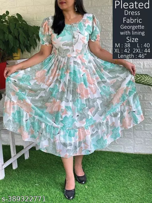 JKP COLLECTION Women & Girl Casual  Floral Print  Half Sleeve  Georgette Fabric New Dress In Color Green