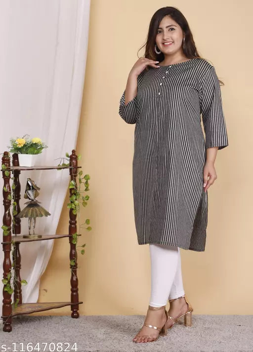 Shritikas Designer Black Stripes Straight Cotton Plus Size Kurti For Women - 60s Cotton 