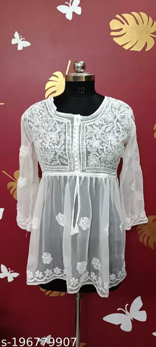 Handwork Embroidere Chikankari Chiffon Short Frock kurti .