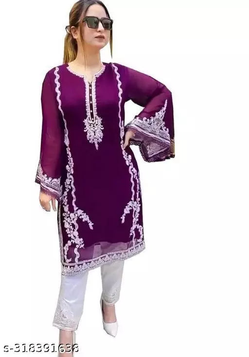 Women Georgette Kurta / Kurti  and pant set top for girls simple nayra women ladies Purple color Kurti set combo
