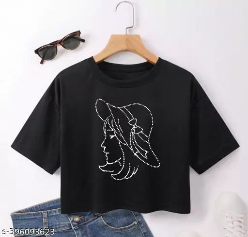 Trendy Feminine Printed Crop Tshirt Round Neck Top For Womens