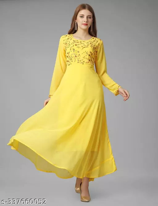 Exquisite Georgette Long Dress - Elegant Party Wear yellow Gown for Women and Ladies