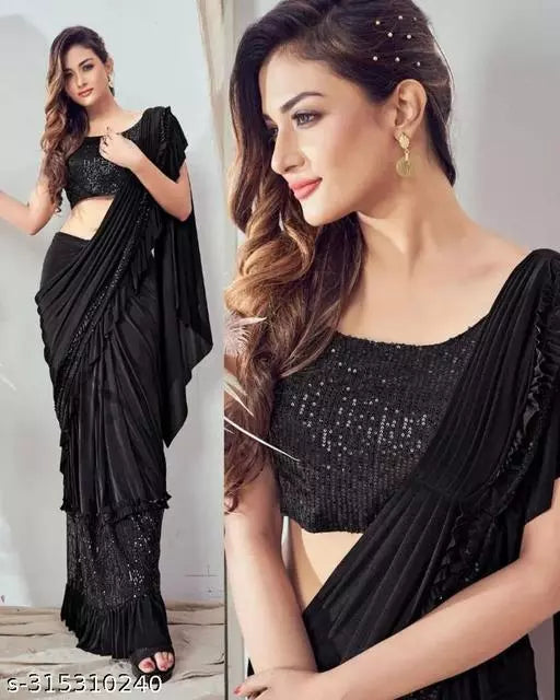 Ready To Wear Lycra  Freel Style Fancy Party Wear Sarees Black Colour Sarees with sequance blouse BY Kraddle