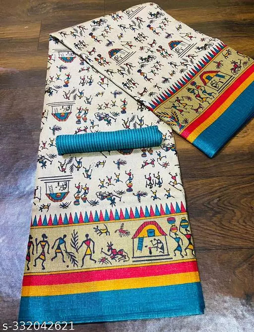 WARLI PRINTED KHADI SILK BLENDED LIGHT WEIGHT COMFERTABLE WEAR DESIGNER SAREE WITH BLOUSE